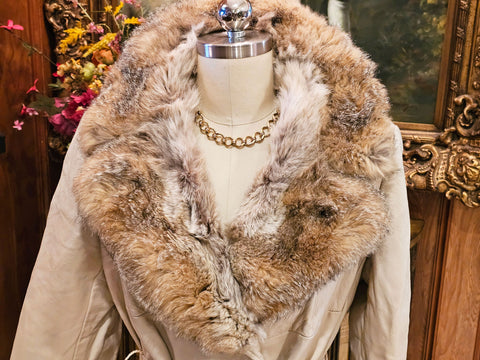 VINTAGE 1960s / 1970s BULLOCK'S SNOW QUEEN BEIGE LEATHER COAT WITH FUR COLLAR AND HEM