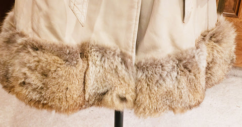 VINTAGE 1960s / 1970s BULLOCK'S SNOW QUEEN BEIGE LEATHER COAT WITH FUR COLLAR AND HEM