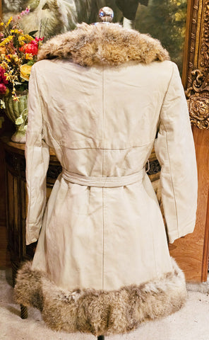 VINTAGE 1960s / 1970s BULLOCK'S SNOW QUEEN BEIGE LEATHER COAT WITH FUR COLLAR AND HEM
