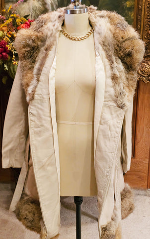 VINTAGE 1960s / 1970s BULLOCK'S SNOW QUEEN BEIGE LEATHER COAT WITH FUR COLLAR AND HEM