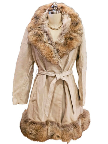 VINTAGE 1960s / 1970s BULLOCK'S SNOW QUEEN BEIGE LEATHER COAT WITH FUR COLLAR AND HEM