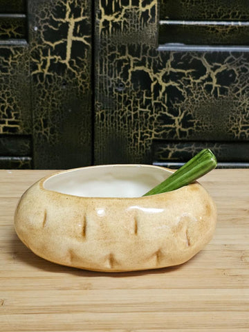 VINTAGE BAKED POTATO SOUR CREAM HOLDER WITH A CHIVE SPOON SALSA HOLDER CHEESSE HOLDER