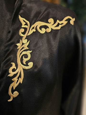 VINTAGE BLACK SATIN PEIGNOIR & NIGHTGOWN SET – GOLD EMBROIDERY, GLAMOROUS LINGERIE ENSEMBLE