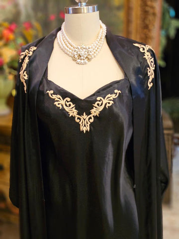 VINTAGE BLACK SATIN PEIGNOIR & NIGHTGOWN SET – GOLD EMBROIDERY, GLAMOROUS LINGERIE ENSEMBLE