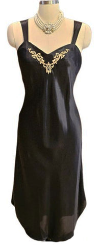 VINTAGE BLACK SATIN PEIGNOIR & NIGHTGOWN SET – GOLD EMBROIDERY, GLAMOROUS LINGERIE ENSEMBLE
