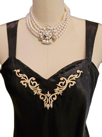 VINTAGE BLACK SATIN PEIGNOIR & NIGHTGOWN SET – GOLD EMBROIDERY, GLAMOROUS LINGERIE ENSEMBLE