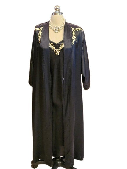 VINTAGE BLACK SATIN PEIGNOIR & NIGHTGOWN SET – GOLD EMBROIDERY, GLAMOROUS LINGERIE ENSEMBLE