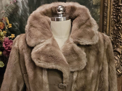 VINTAGE 60S TISSAVEL FAUX FUR LEATHER COAT BRONZE SATIN GOLD BUTTONS BELTED