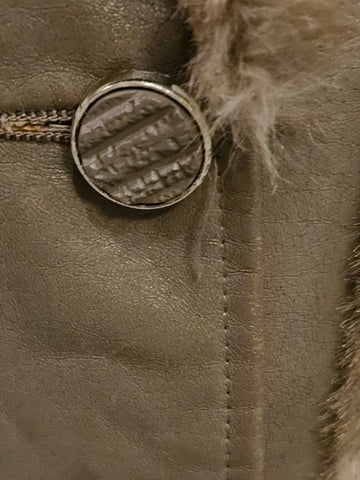 VINTAGE 60S TISSAVEL FAUX FUR LEATHER COAT BRONZE SATIN GOLD BUTTONS BELTED