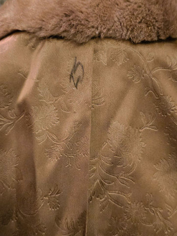 VINTAGE 60S TISSAVEL FAUX FUR LEATHER COAT BRONZE SATIN GOLD BUTTONS BELTED