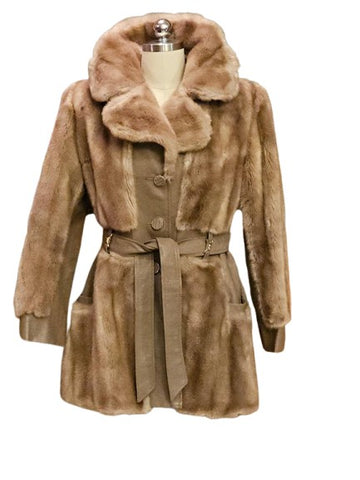 VINTAGE 60S TISSAVEL FAUX FUR LEATHER COAT BRONZE SATIN GOLD BUTTONS BELTED