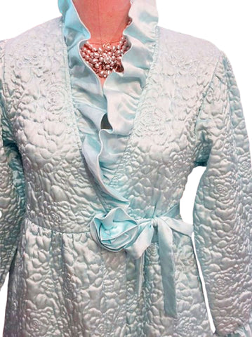 VINTAGE QUILTED GLEAMING SATIN BRIDAL TROUSSESU ROBE DRESSING GOWN WITH LARGE SATIN ROSE IN BLUE MIST