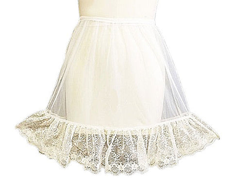 *GLAMOROUS VINTAGE PEACHES 'N CREAM WHITE SHEER HALF SLIP WITH HUGE SCALLOPED ECRU LACE FLOUNCE - MADE IN THE U.S.A.