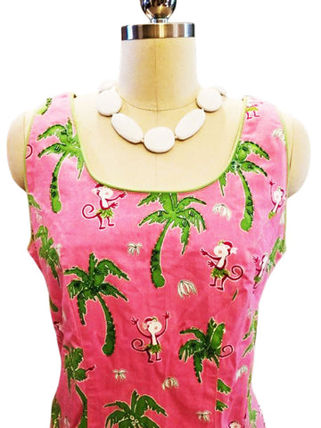 VINTAGE VANITY COLLECTION HAPPY MONKEYS IN HULA SKIRTS DRESS IN HOT PINK AND GREEN SEQUIN PALM TREES WITH GROSGRAIN BOWS