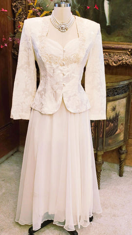 80S NAH NAH COLLECTION 2-PIECE EVENING OUTFIT - IVORY BROCADE PEARL BEADED JACKET FLOOR LENGTH SKIRT
