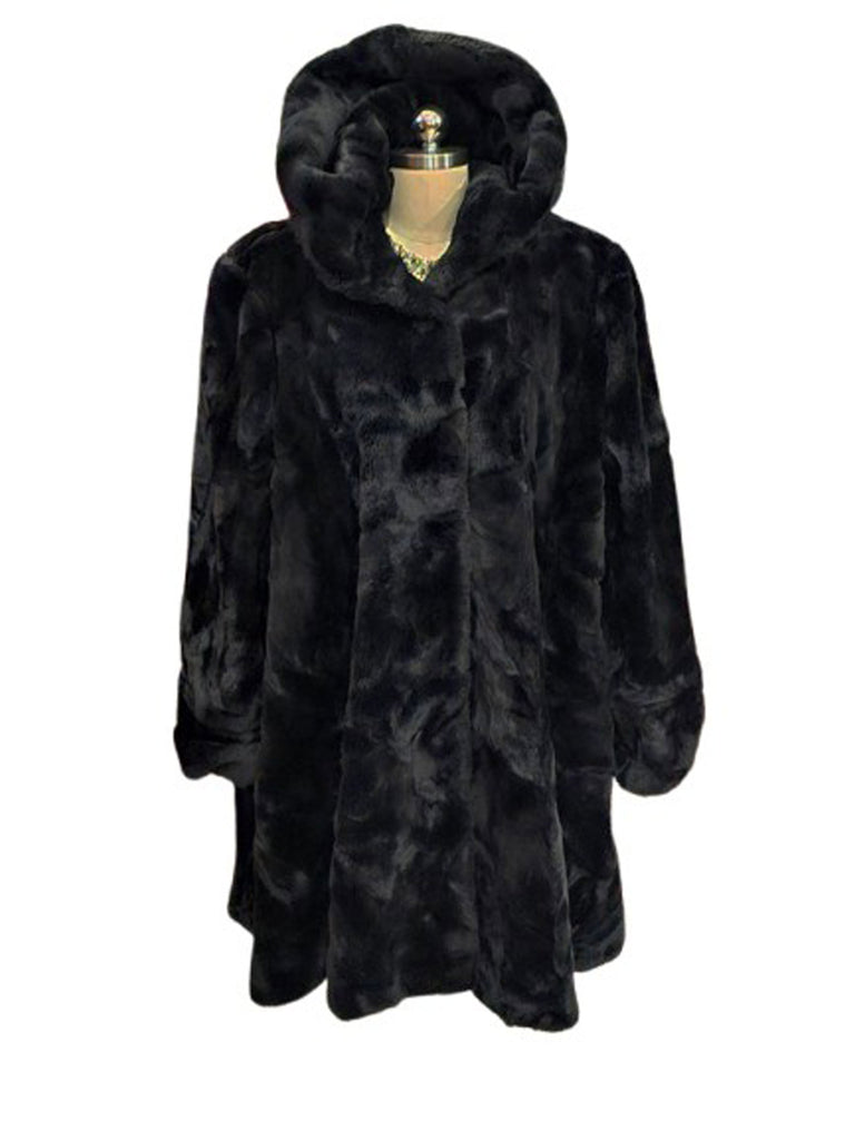 VINTAGE 60S 70S ULTRA FUR BLACK FAUX FUR COAT - HOODED GLAMOUR COAT MADE IN USA LARGE