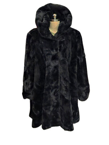VINTAGE 60S 70S ULTRA FUR BLACK FAUX FUR COAT - HOODED GLAMOUR COAT MADE IN USA LARGE