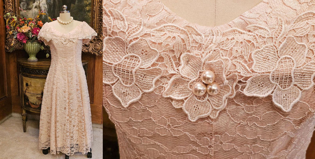 VINTAGE CACHET FOR BARI PROTAS PEACHY PINK LACE DRESS ADORNED WITH LAR Vintage Clothing & Fashions | Midnight Glamour VINTAGE CACHET FOR BARI PROTAS PEACHY PINK LACE DRESS ADORNED WITH LAR Vintage Clothing & Fashions | Midnight Glamour