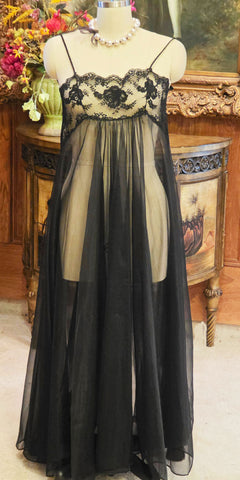 VINTAGE MADE IN CALIFORNIA BLACK SHEER NIGHTGOWN - EMBROIDERED LACE BODICE - FULL SWEEP MESH GOWN - ROMANTIC HOLLYWOOD GLAMOUR LINGERIE