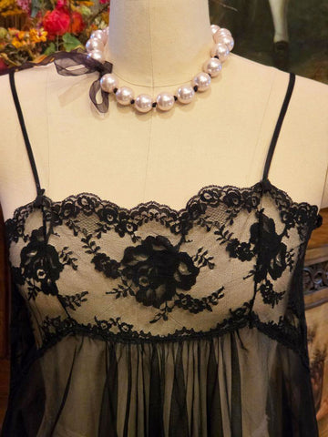 VINTAGE MADE IN CALIFORNIA BLACK SHEER NIGHTGOWN - EMBROIDERED LACE BODICE - FULL SWEEP MESH GOWN - ROMANTIC HOLLYWOOD GLAMOUR LINGERIE