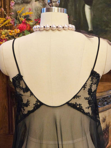VINTAGE MADE IN CALIFORNIA BLACK SHEER NIGHTGOWN - EMBROIDERED LACE BODICE - FULL SWEEP MESH GOWN - ROMANTIC HOLLYWOOD GLAMOUR LINGERIE