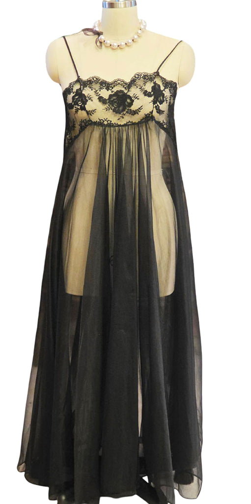 VINTAGE MADE IN CALIFORNIA BLACK SHEER NIGHTGOWN - EMBROIDERED LACE BODICE - FULL SWEEP MESH GOWN - ROMANTIC HOLLYWOOD GLAMOUR LINGERIE