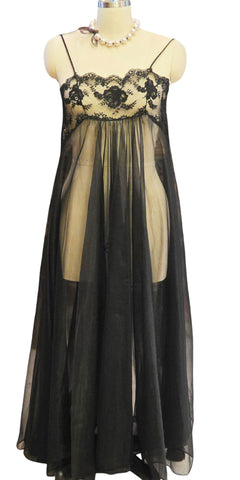 VINTAGE MADE IN CALIFORNIA BLACK SHEER NIGHTGOWN - EMBROIDERED LACE BODICE - FULL SWEEP MESH GOWN - ROMANTIC HOLLYWOOD GLAMOUR LINGERIE