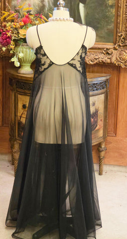 VINTAGE MADE IN CALIFORNIA BLACK SHEER NIGHTGOWN - EMBROIDERED LACE BODICE - FULL SWEEP MESH GOWN - ROMANTIC HOLLYWOOD GLAMOUR LINGERIE