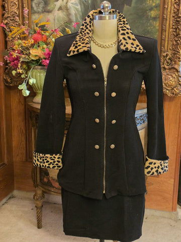VINTAGE CAREN DESIREE COMPANY BLACK RIBBED SUIT LEOPARD TRIM JACKET SKIRT SET SIZE 6