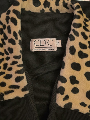 VINTAGE CAREN DESIREE COMPANY BLACK RIBBED SUIT LEOPARD TRIM JACKET SKIRT SET SIZE 6