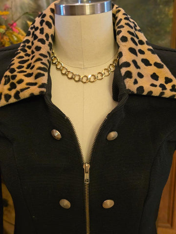 VINTAGE CAREN DESIREE COMPANY BLACK RIBBED SUIT LEOPARD TRIM JACKET SKIRT SET SIZE 6