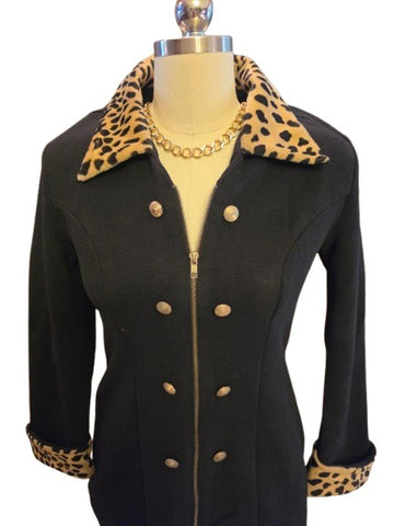 VINTAGE CAREN DESIREE COMPANY BLACK RIBBED SUIT LEOPARD TRIM JACKET SKIRT SET SIZE 6