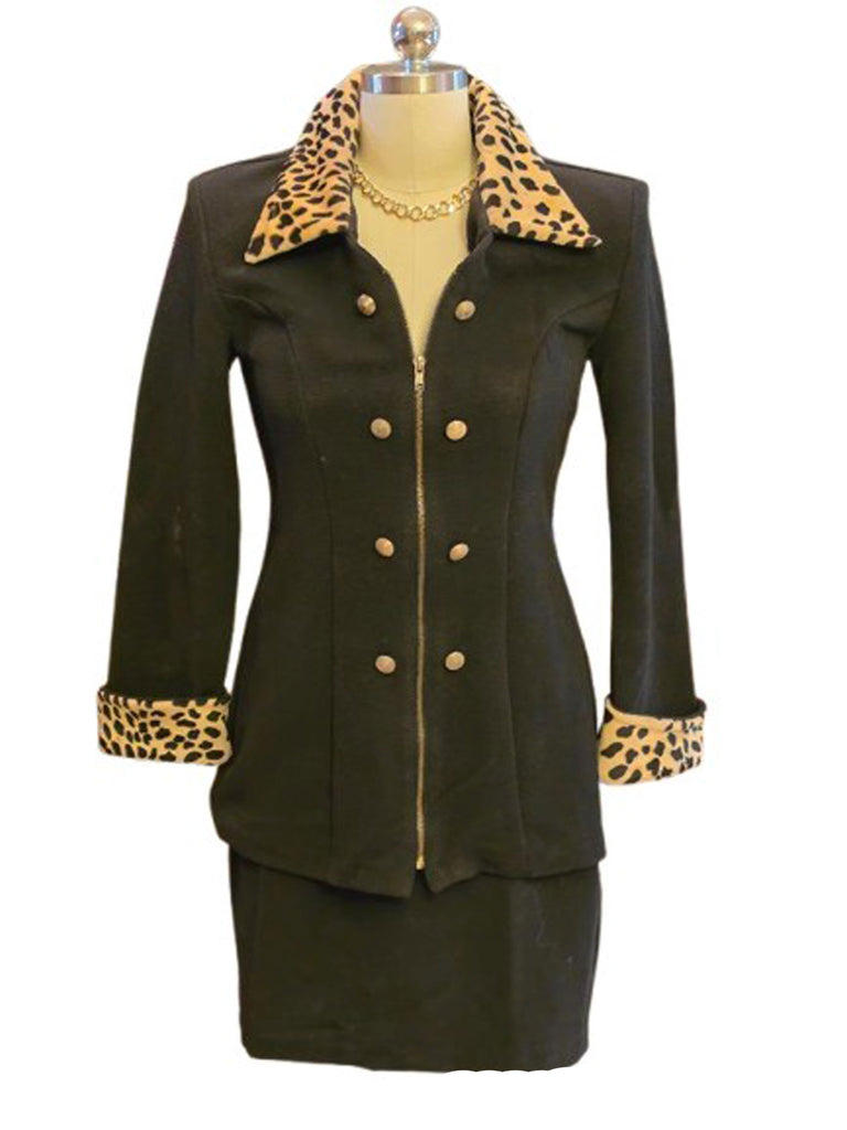 VINTAGE CAREN DESIREE COMPANY BLACK RIBBED SUIT LEOPARD TRIM JACKET SKIRT SET SIZE 6