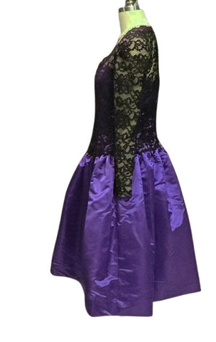 VINTAGE CAROLINA HERRERA SAKS 5TH AVENUE BLACK LACE & PURPLE BRIDAL SATIN FORMAL COCKTAIL DRESS