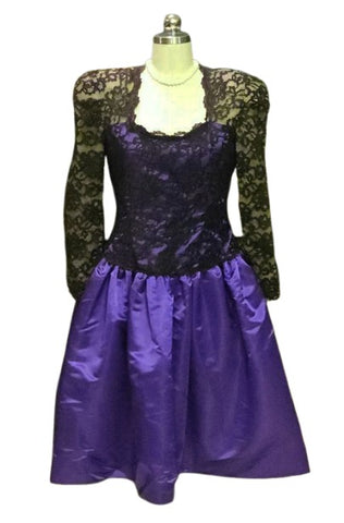 VINTAGE CAROLINA HERRERA SAKS FIFTH AVENUE BLACK LACE & PURPLE SATIN COCKTAIL DRESS