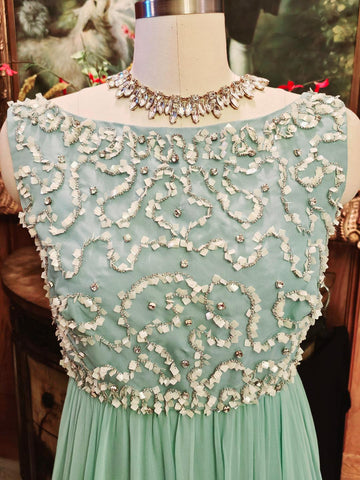 NEW WITH TAG - VINTAGE CELE PETERSON AQUA SPARKLING RHINESTONES, PAILETTES & BEADED CHIFFON EVENING GOWN IN SEA GODDESS WITH METAL ZIPPER