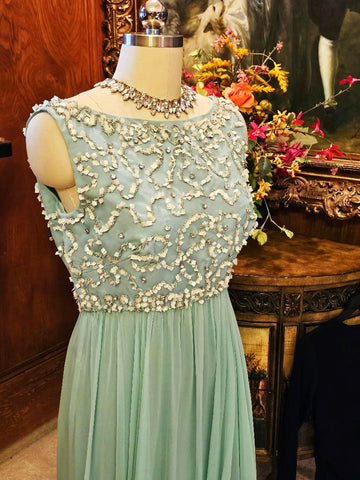 NEW WITH TAG - VINTAGE CELE PETERSON AQUA SPARKLING RHINESTONES, PAILETTES & BEADED CHIFFON EVENING GOWN IN SEA GODDESS WITH METAL ZIPPER
