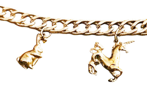 VINTAGE SPARKLING 10 GOLD-TONE CHARM NECKLACE - UNICORN PENGUIN POODLE LION OWL RABBIT HORSE DOVE CAT WINNIE THE POO