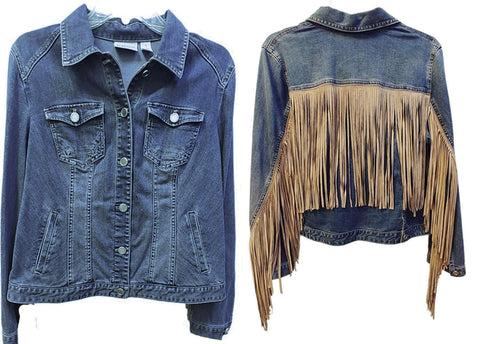 NEW WITHOUT TAGS - CHICO'S PLATINUM COLLECTION DENIM SUEDE JACKET WITH FABULOUS 12" FRINGE - WOULD MAKE A WONDERFUL CHRISTMAS OR BIRTHDAY GIFT