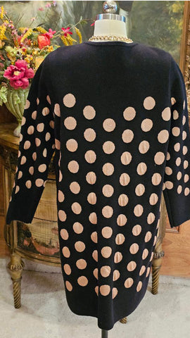 NEW - CHICO'S BLACK KNIT COAT CAMEL DOTS OPEN FRONT GROMMET RIBBON CLOSURE GLAMOUR