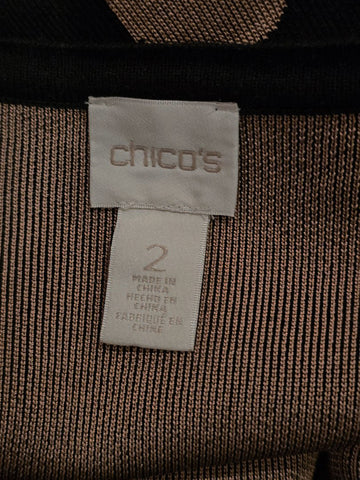 NEW - CHICO'S BLACK KNIT COAT CAMEL DOTS OPEN FRONT GROMMET RIBBON CLOSURE GLAMOUR