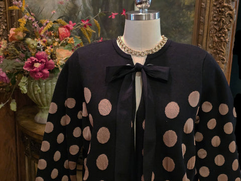 NEW - CHICO'S BLACK KNIT COAT CAMEL DOTS OPEN FRONT GROMMET RIBBON CLOSURE GLAMOUR
