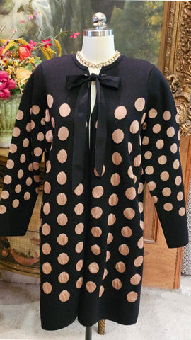NEW - CHICO'S BLACK KNIT COAT CAMEL DOTS OPEN FRONT GROMMET RIBBON CLOSURE GLAMOUR