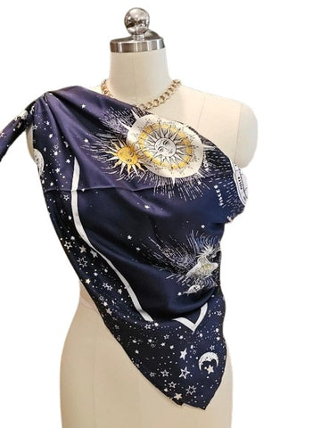 NEW WITH TAGS CHICO'S 100% SILK NAVY, WHITE & GOLD ZODIAC SCARF SUN MOON & STARS