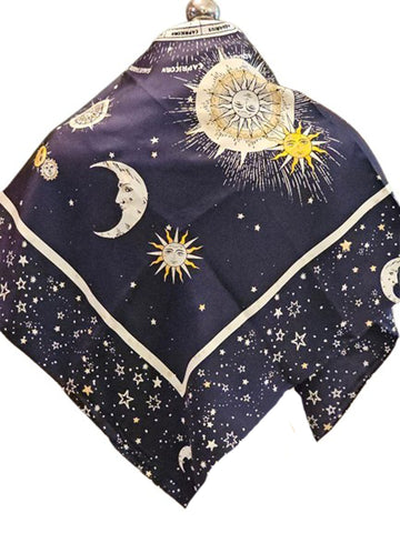 NEW WITH TAGS CHICO'S 100% SILK NAVY, WHITE & GOLD ZODIAC SCARF SUN MOON & STARS