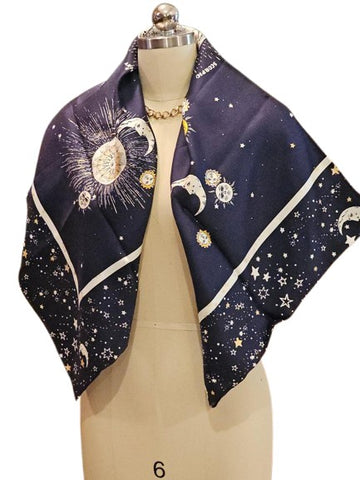 NEW WITH TAGS CHICO'S 100% SILK NAVY, WHITE & GOLD ZODIAC SCARF SUN MOON & STARS