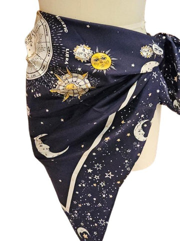NEW WITH TAGS CHICO'S 100% SILK NAVY, WHITE & GOLD ZODIAC SCARF SUN MOON & STARS