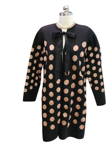 NEW - CHICO'S BLACK KNIT COAT CAMEL DOTS OPEN FRONT GROMMET RIBBON CLOSURE GLAMOUR