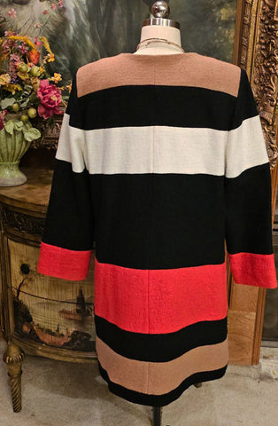 NEW W/O TAGS CHICO'S WOOL GOLD ZIP UP STRIPED COAT CAMEL BLACK WHITE RED - SIZE 2