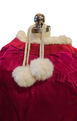 VINTAGE 1940s 1950s CHILD'S CRANBERRY WINTER COAT WITH RABBIT FUR & POM POMS